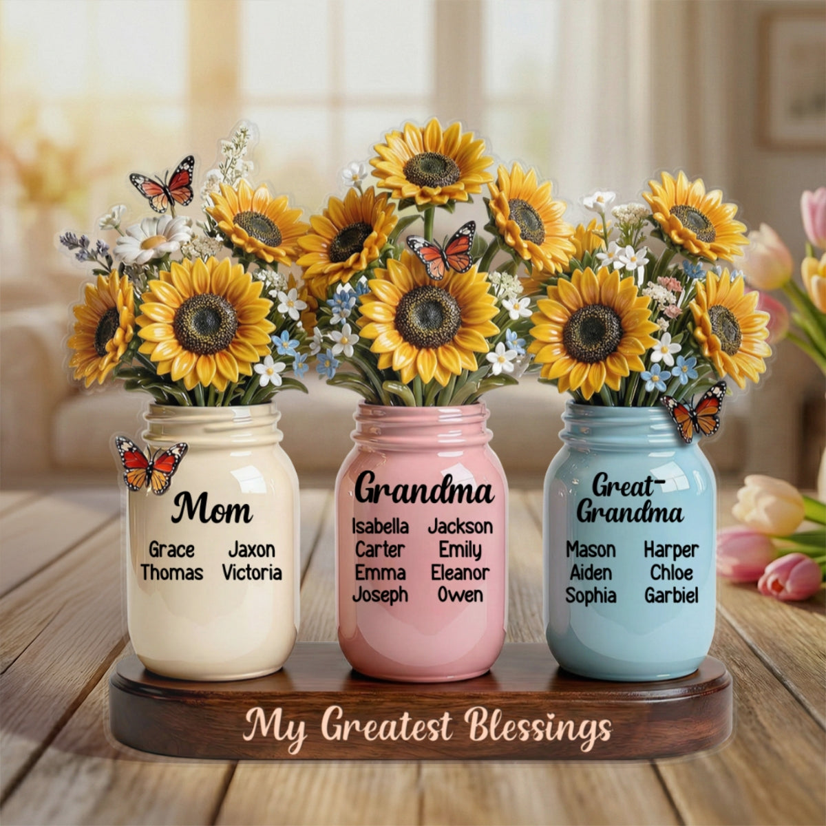 Mom Grandma Great Grandma Sunflowers Jars Custom Names 2D Flat - Personalized Acrylic Block Plaque