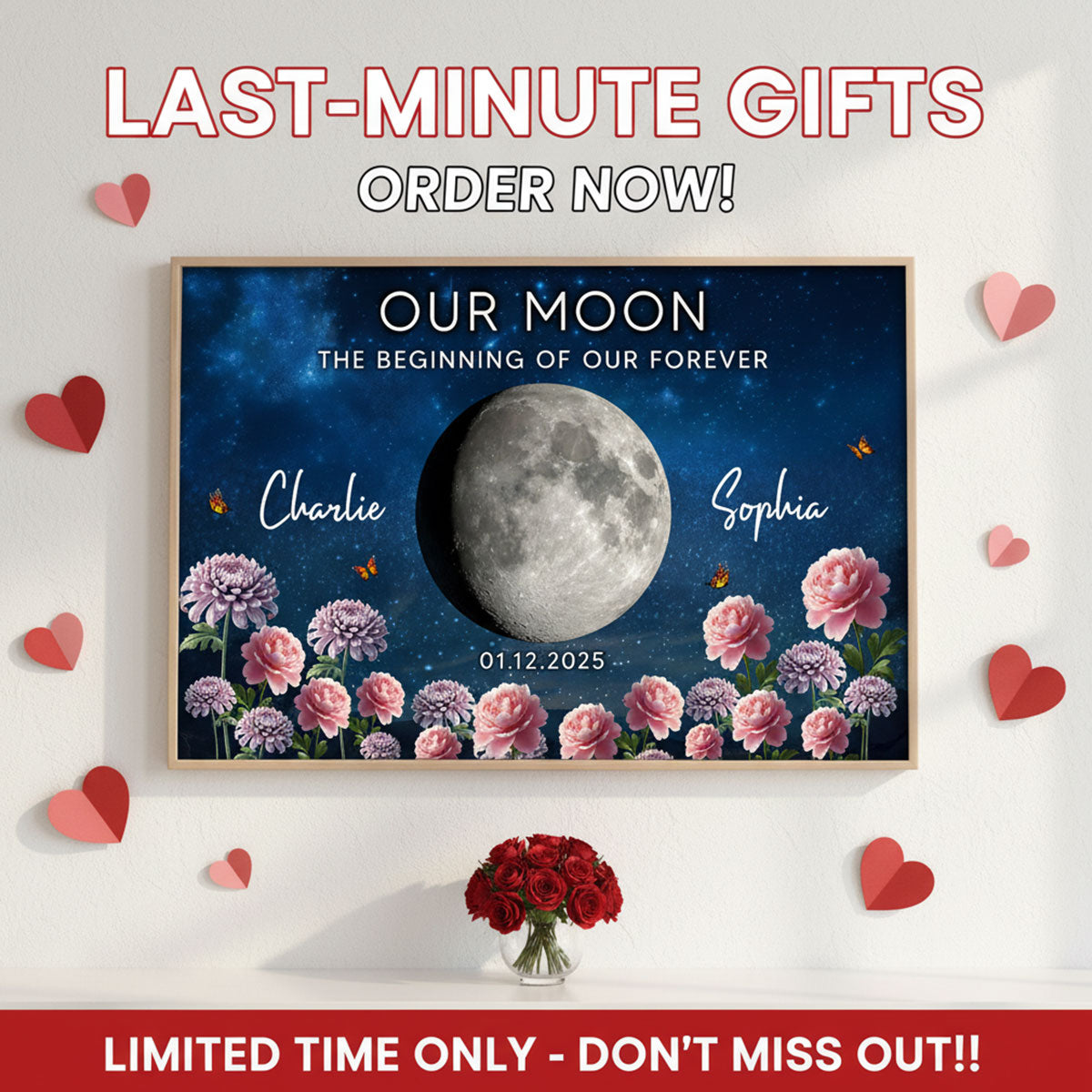 Couple Custom Moon Phase Anniversary Date Birth Month Flowers - Personalized Poster - Valentine's Day Gift For Couple