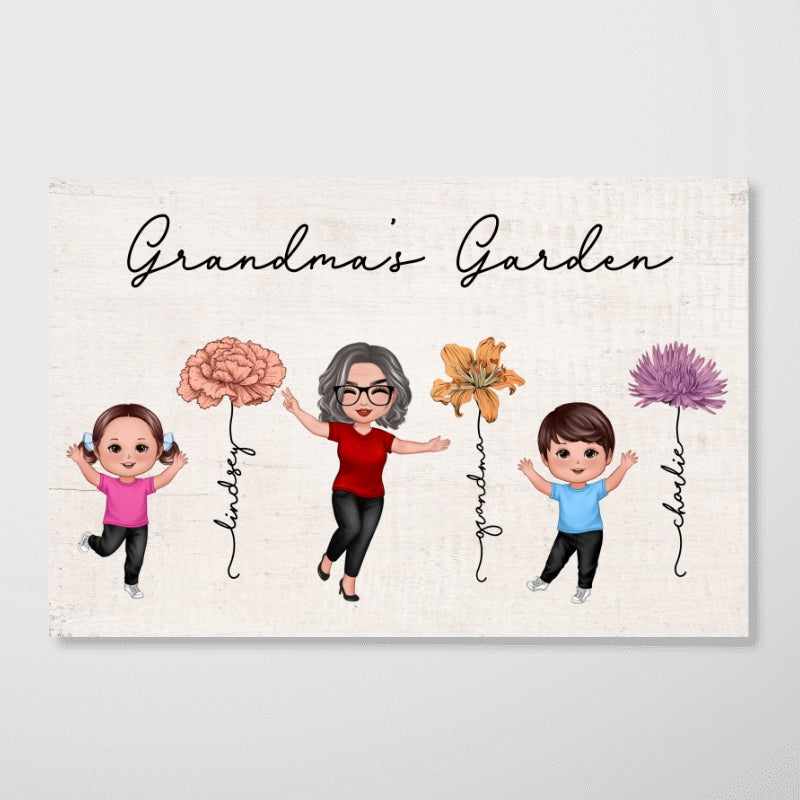 Happy Grandkids Grandma Garden Vintage Birth Month Flowers Mother‘s Day Gift Personalized Horizontal Poster