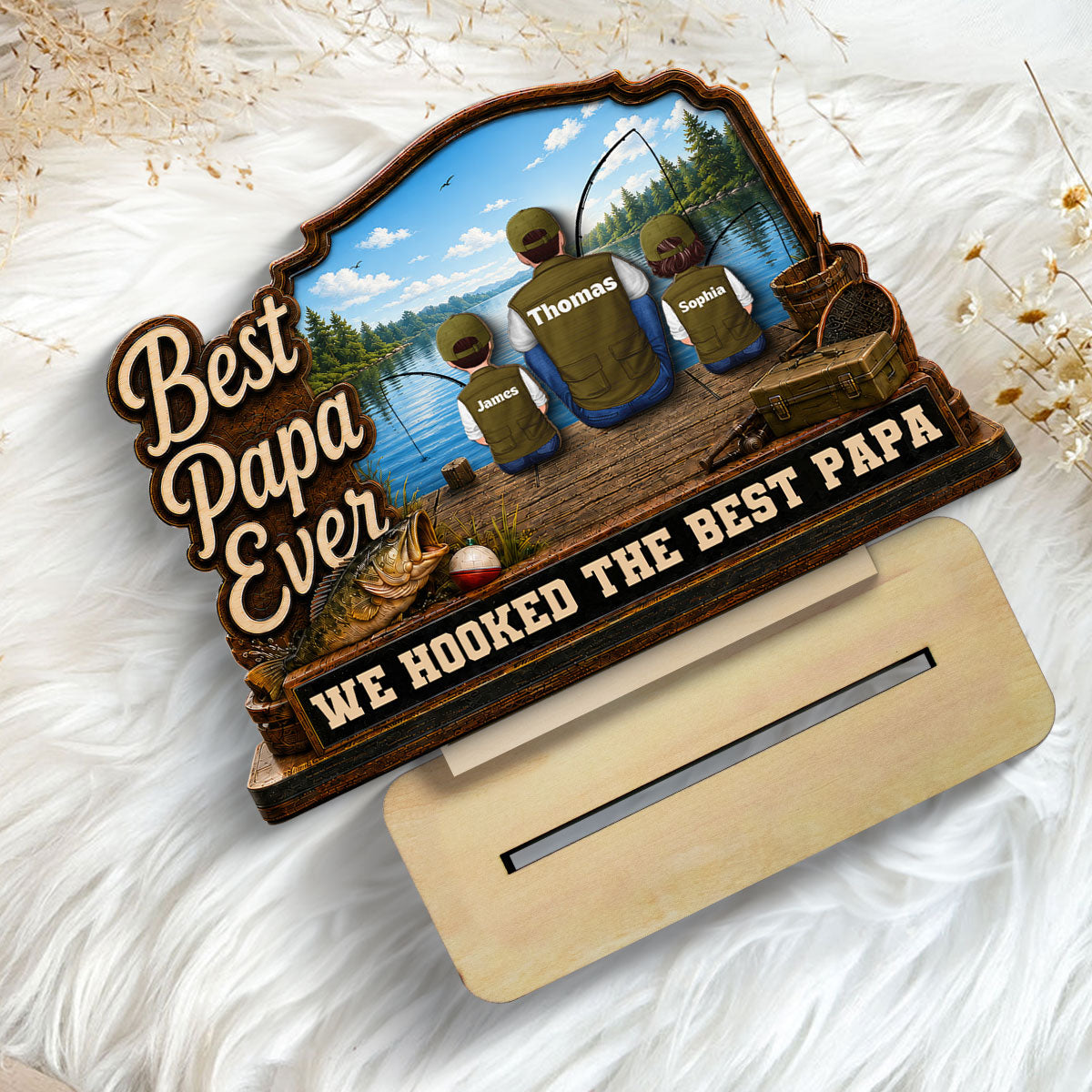 We Hooked The Best Dad Papa Fishing Man & Kids Back View 2D Flat - Personalized 2-Layered Wooden Plaque -  Gift For Hunting Dad, Grandpa