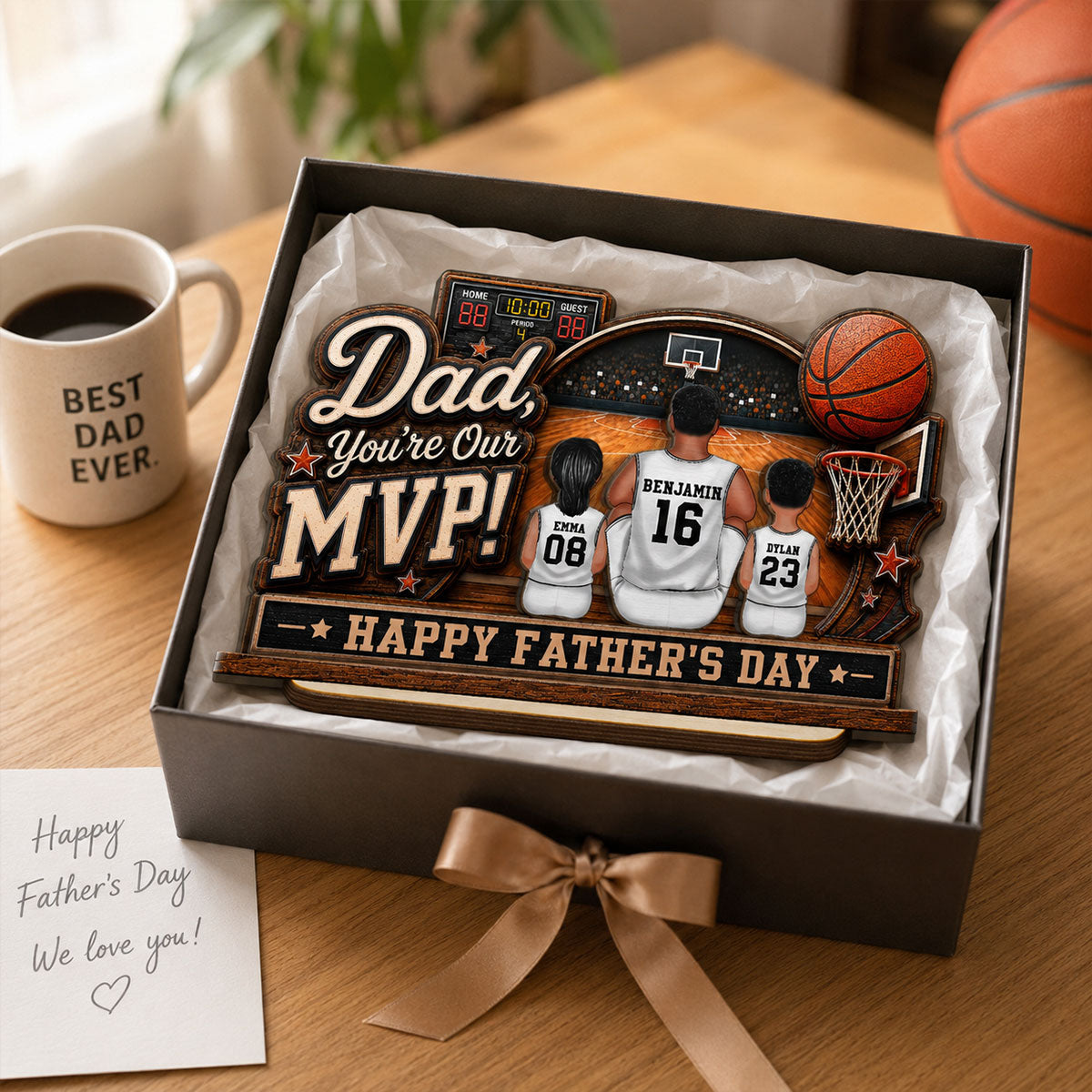 Dad You Are Our MVP Sitting Basketball Man & Kids 2D Flat - Personalized 2-Layered Wooden Plaque -  Gift For Basketball Dad
