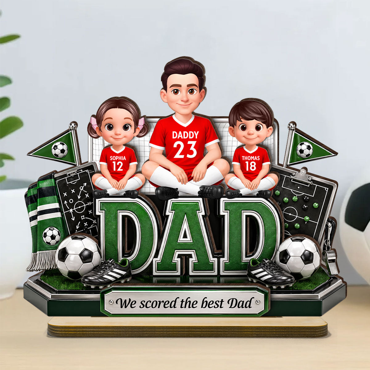 Soccer Dad Kids We Scored The Best Dad - Personalized 2-Layered Wooden Plaque - Heartfelt Gift For Soccer Dad, Gift For Husband