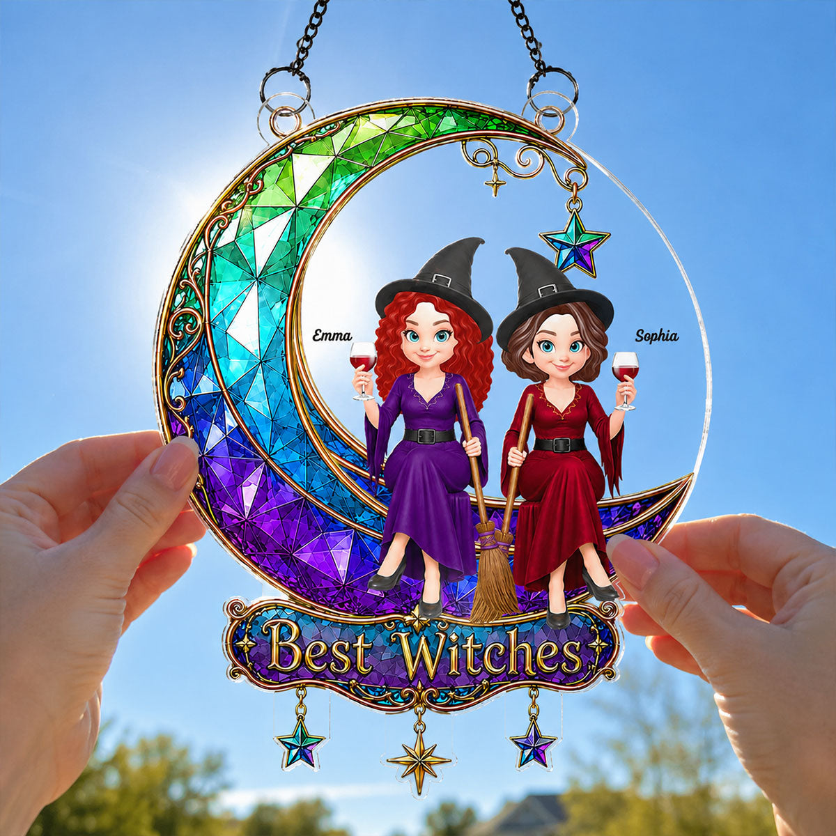 Beautiful Witches Sitting On Moon - Personalized Acrylic Window Hanging - Halloween Decoration For Besties, Girls