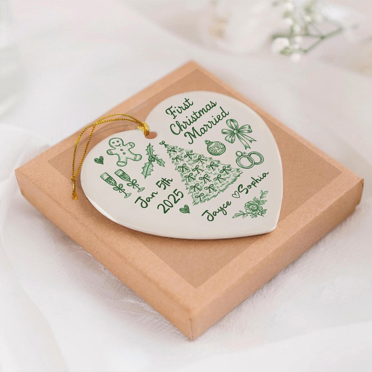First Christmas Married Toile De Jouy Pattern - Personalized Ceramic Ornament - Christmas Gift For Him, For Her, For Couple