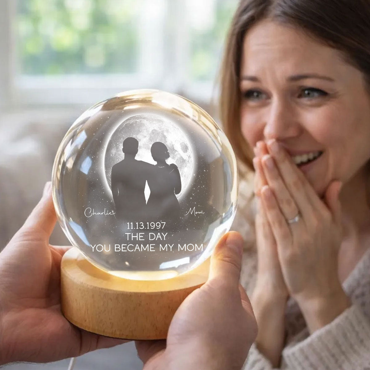 The Day You Became My Mom, Custom Moon Phase by Date - Personalized Crystal Ball LED Night Light - Heartfelt Mother's Day Gift for Mom, Wife