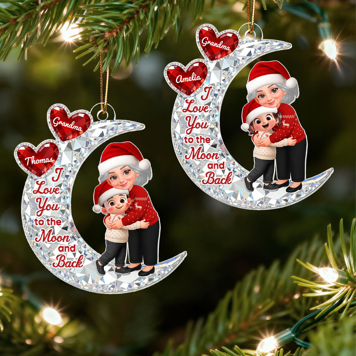 3D Effect Flat Grandma Hugging Grandkid On Moon - Personalized Acrylic Ornament - Gift For Grandma, Grandkids