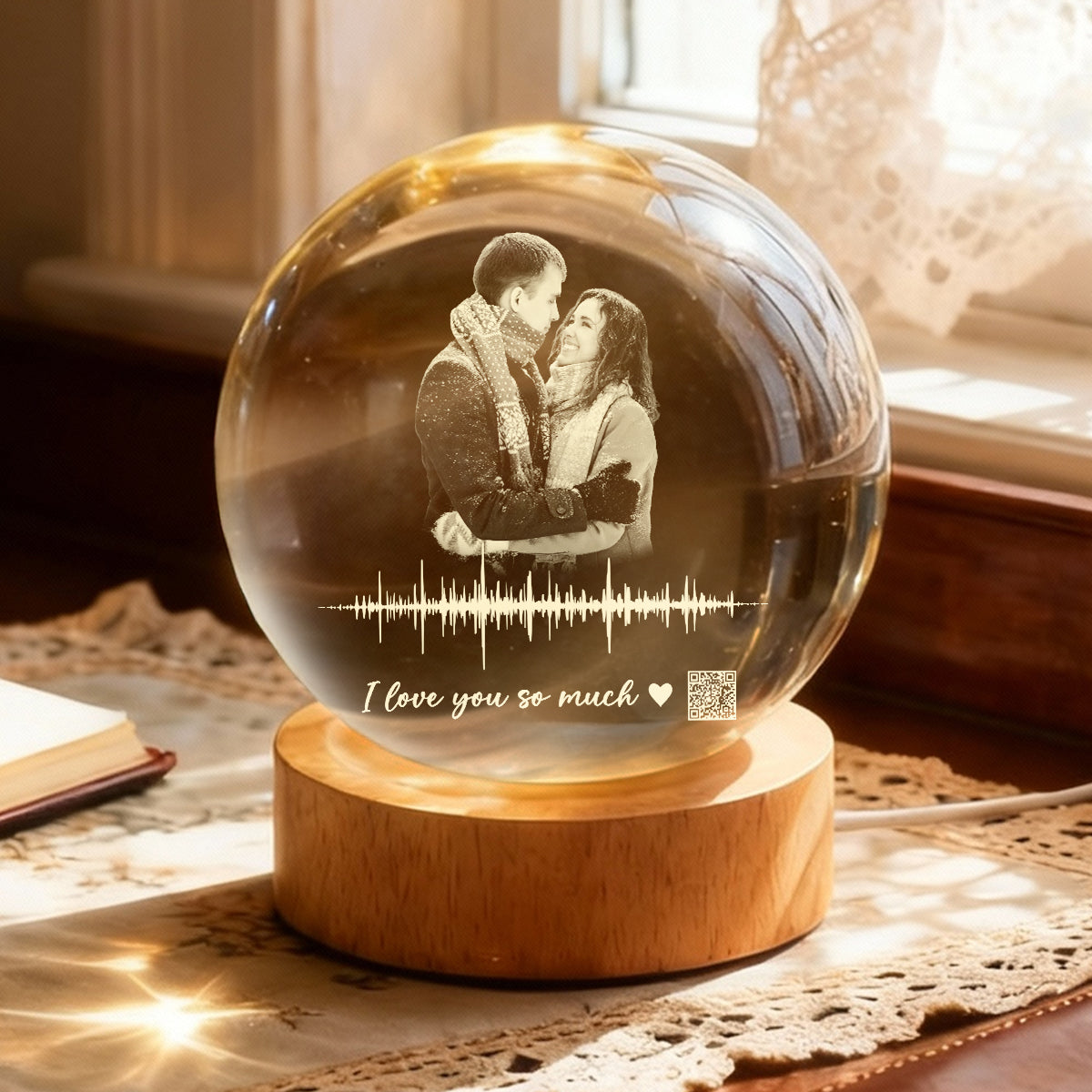 Custom Soundwave Art with QR Code - Personalized Crystal Ball LED Night Light - Heartfelt Anniversary Gift for Her, for Him