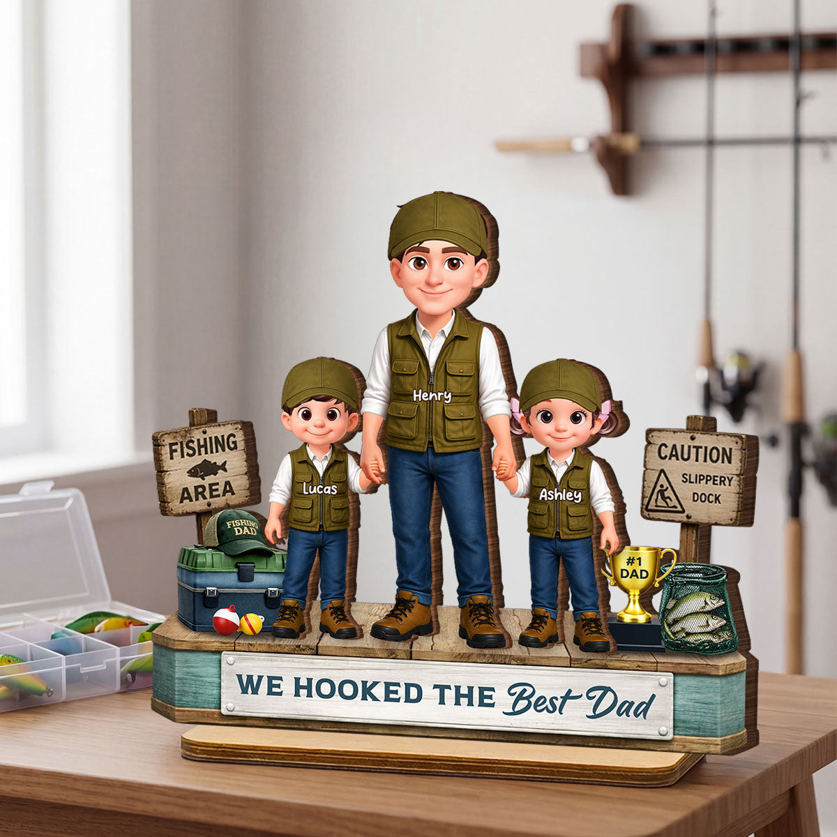 Fishing Dad And Kids We Hooked The Best Dad - Personalized 2-Layered Wooden Plaque - Heartfelt Gift For Dad, Gift For Husband