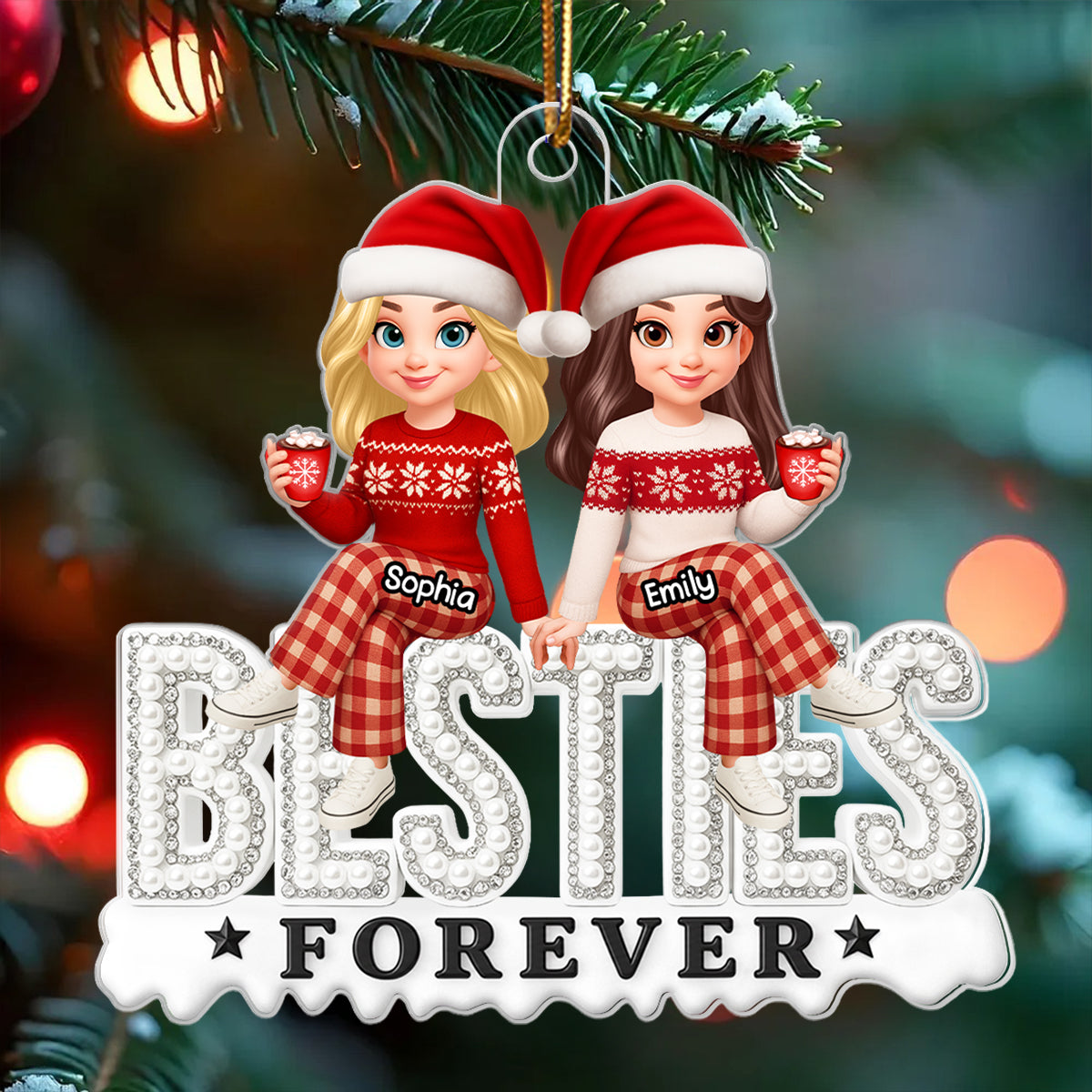 3D Pearl Rhinestone Besties - Personalized Acrylic Ornament - Christmas Gift for Best Friends