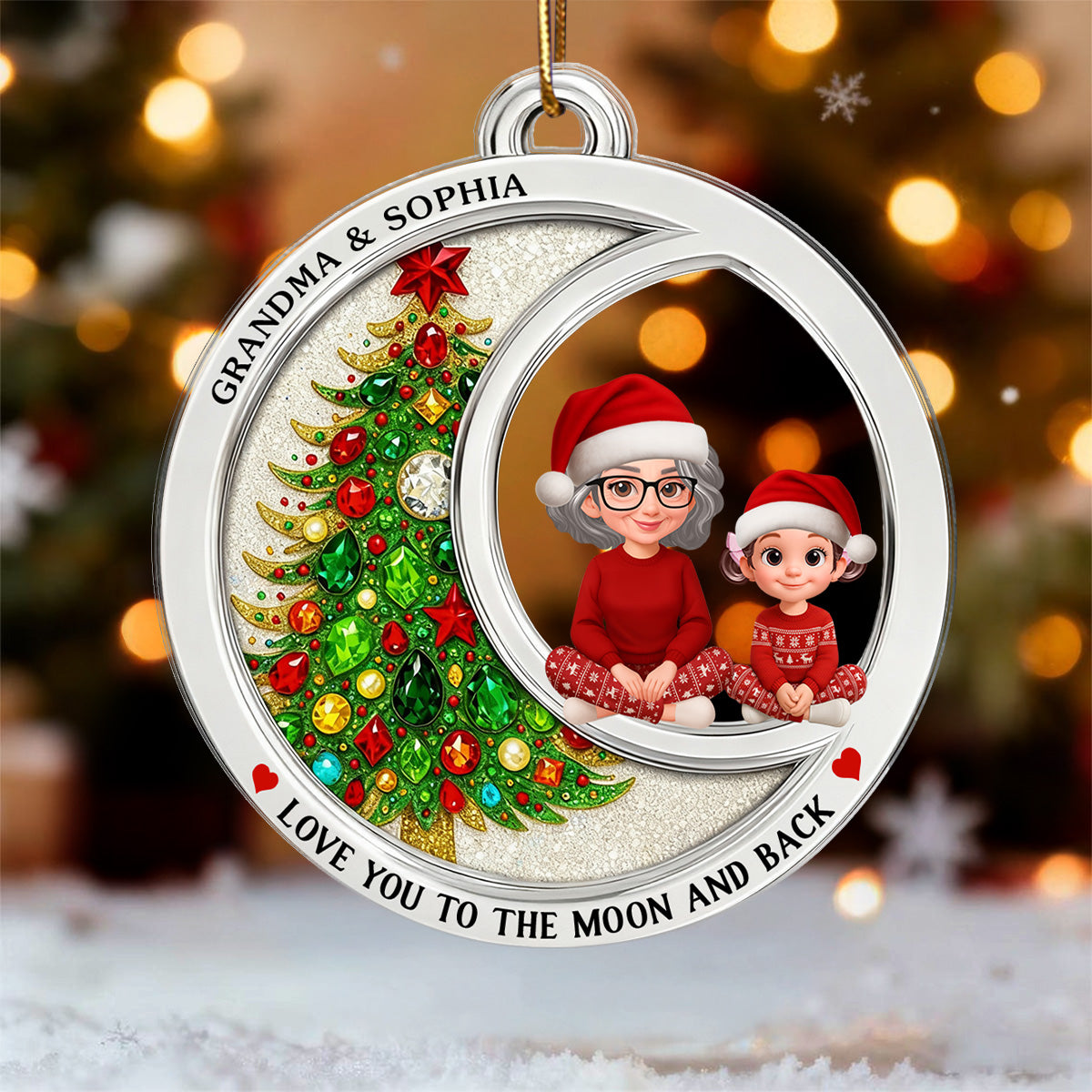 2D Flat Crystal Effect Love To The Moon Grandma Grandkid Sitting - Personalized Acrylic Ornament