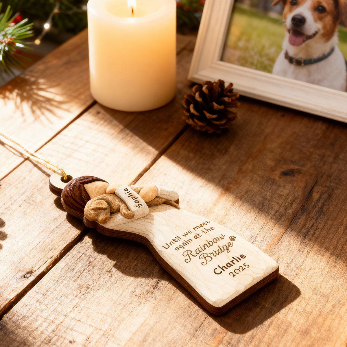 Until We Meet At Rainbow Bridge Woman & Dog 3D Effect - Personalized Wooden Ornament - Memorial Keepsake