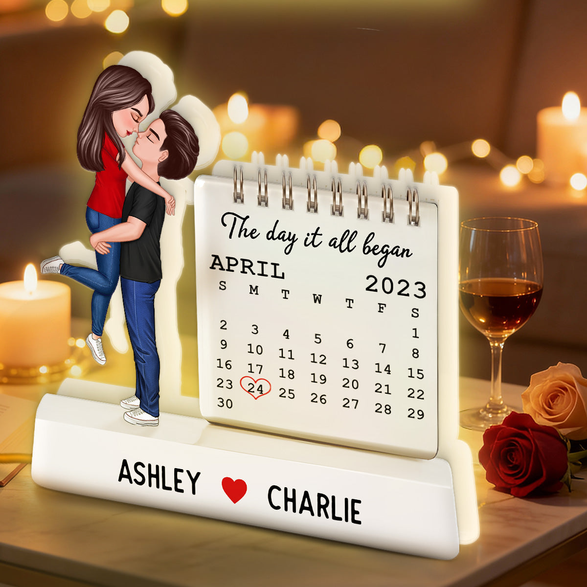 Couple Hugging Kissing The Day Our Story Began Couple Anniversary Calendar 2D Flat - Personalized Light Box
