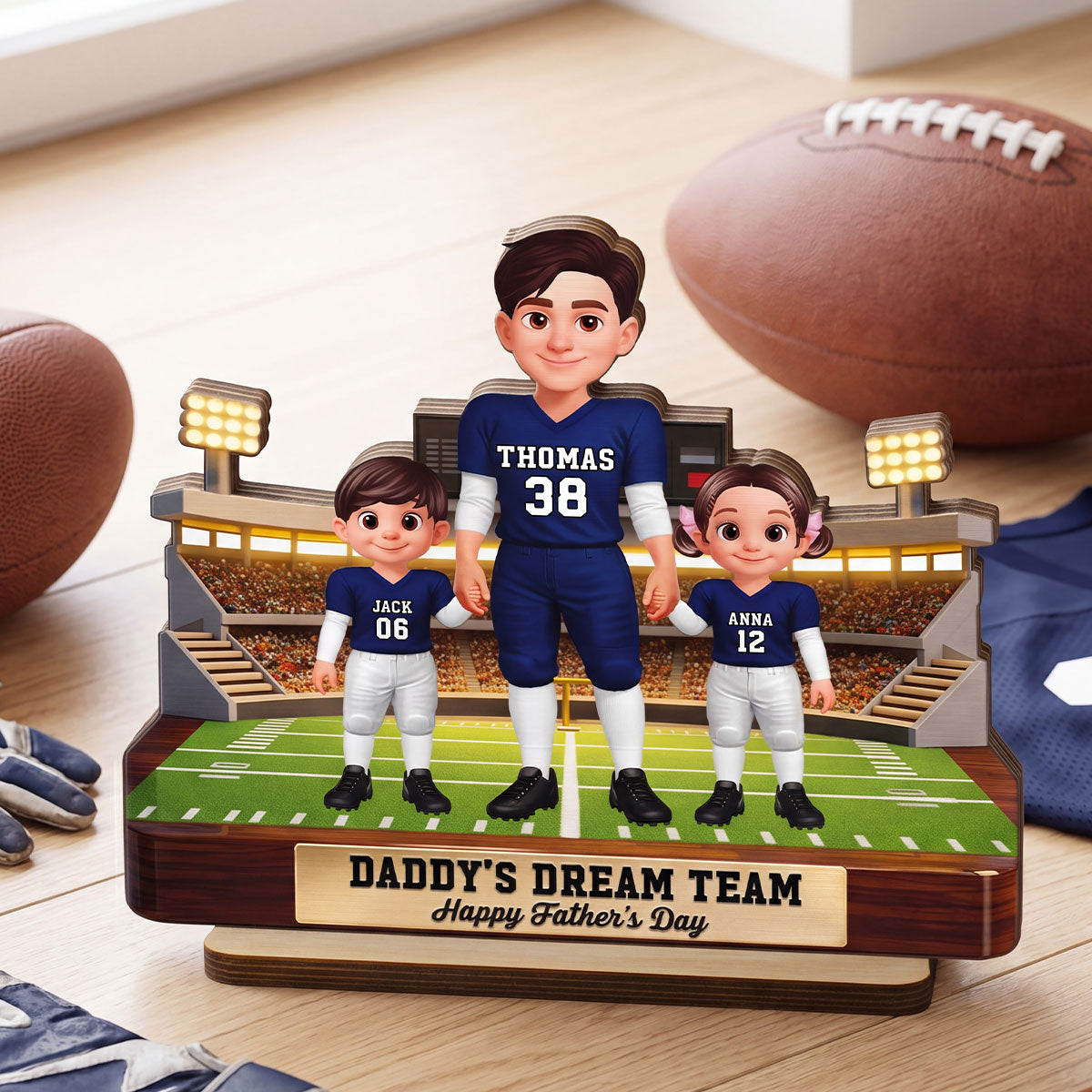 American Football Dad And Kids - Personalized 2-Layered Wooden Plaque -  Gift For Dad