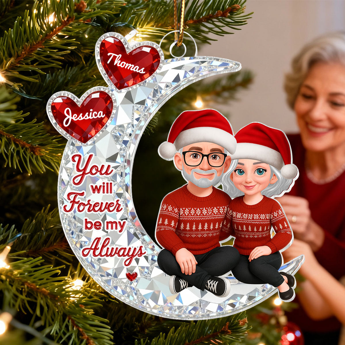 3D Effect Flat Couple Sitting On Moon - Personalized Acrylic Ornament - Heartfelt Gift For Couple, Gift For Him, For Her