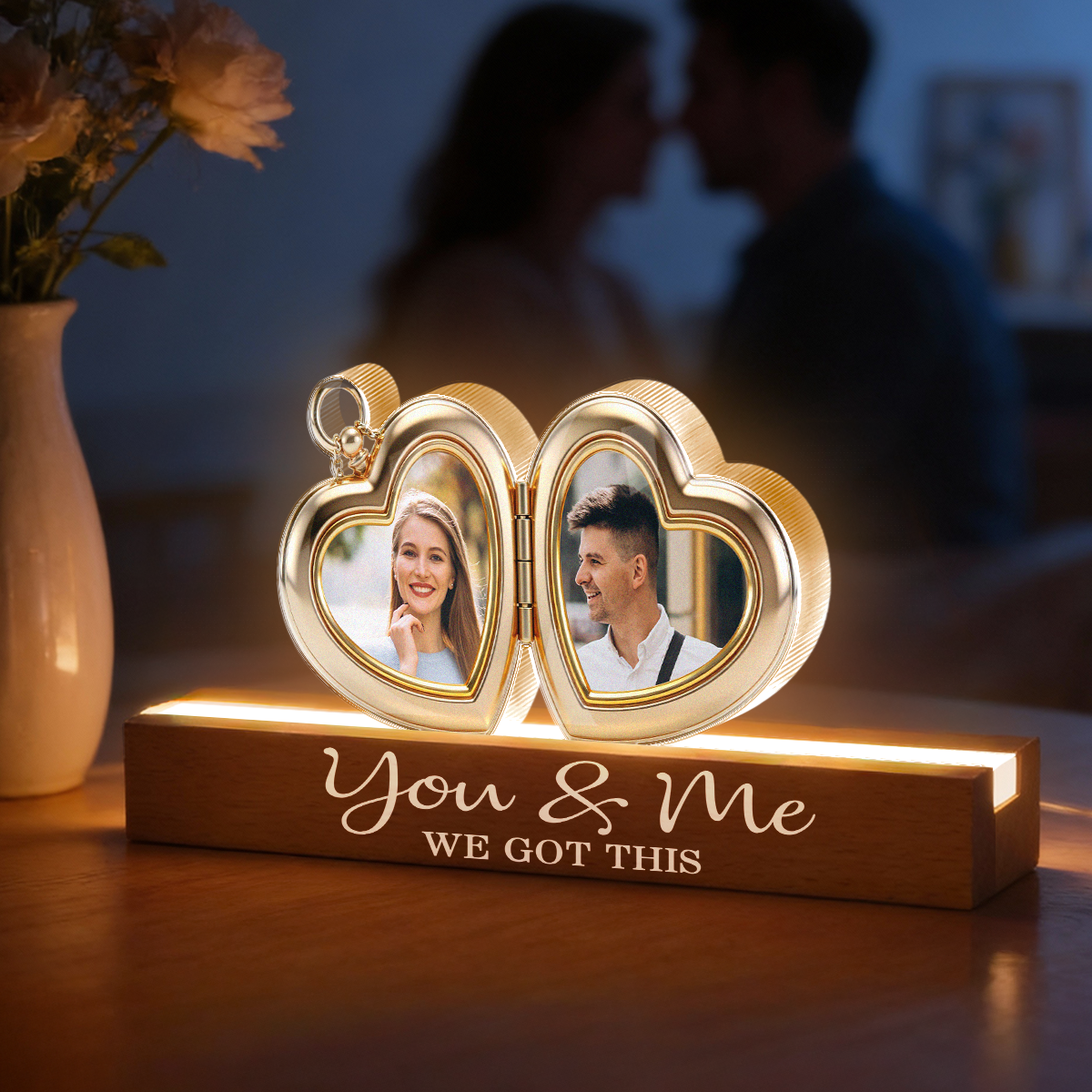 Hearts Locket Couple Photo - Personalized Acrylic Block Plaque LED Night Light - Valentine's Day Gift For Couple