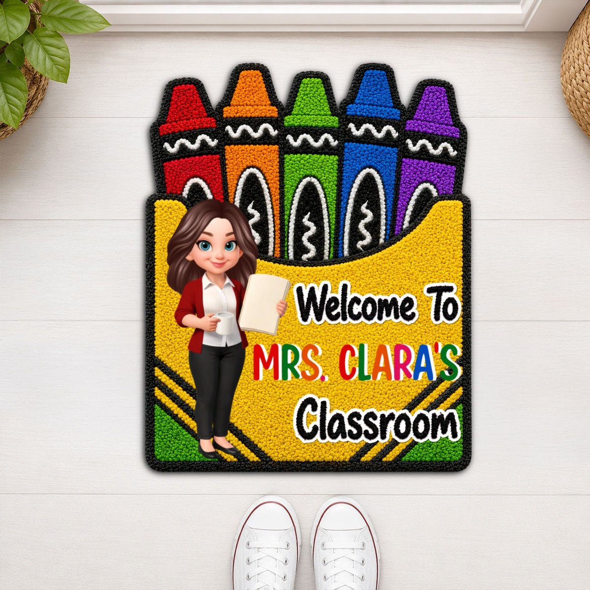 Teacher Welcome To Classroom Crayon Box Faux Yarn Pattern - Personalized Doormat - Back To School Gift For Teacher, Classroom Decor