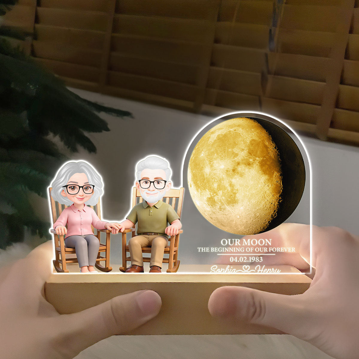 Old Couple Sitting On Rocking Chair Custom Moon Phase - Personalized Acrylic Plaque LED Night Light