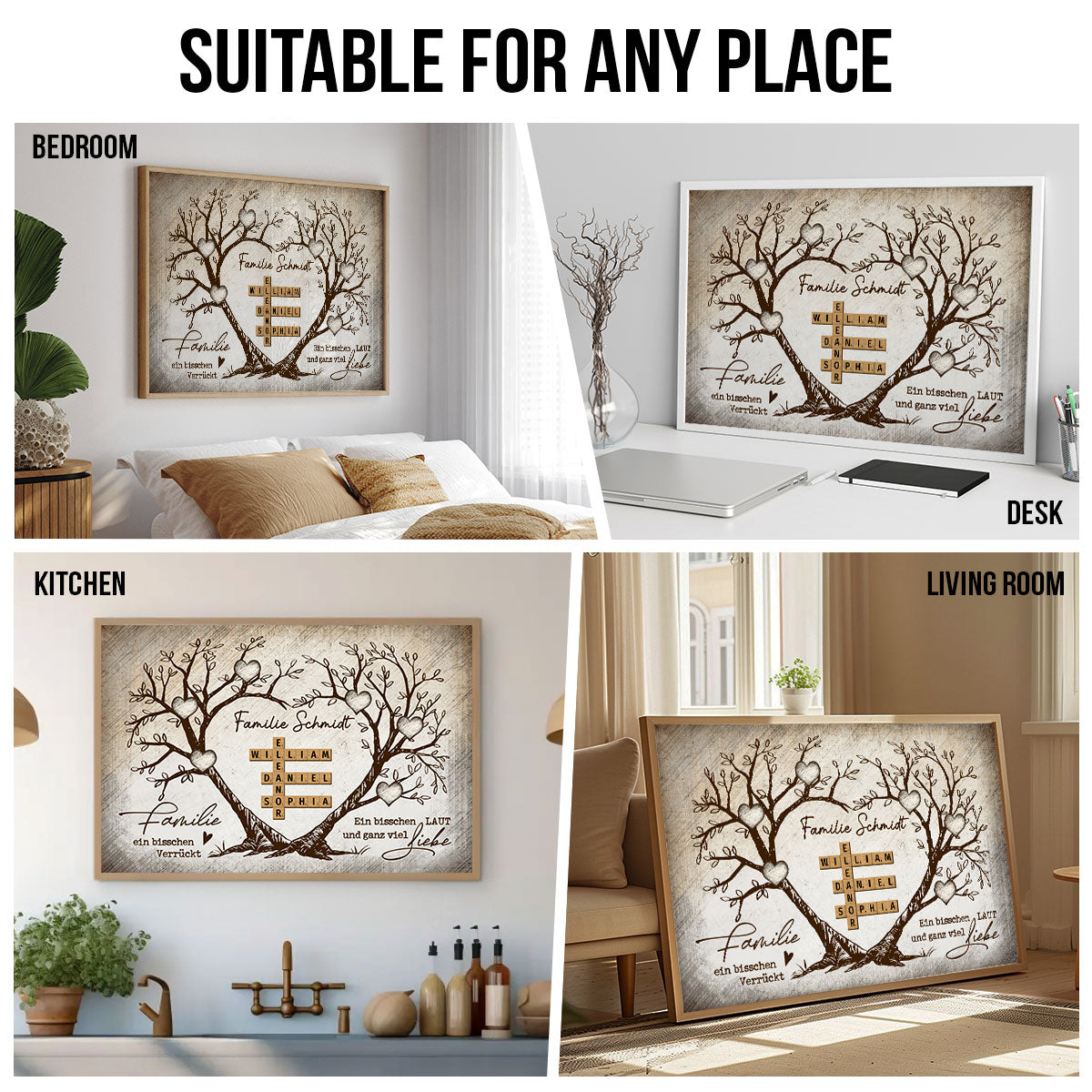 Personalisiertes Familien-Poster – Herzbaum & Kreuzworträtsel – Für immer verbunden – Geschenk für Familie, Mann & Frau