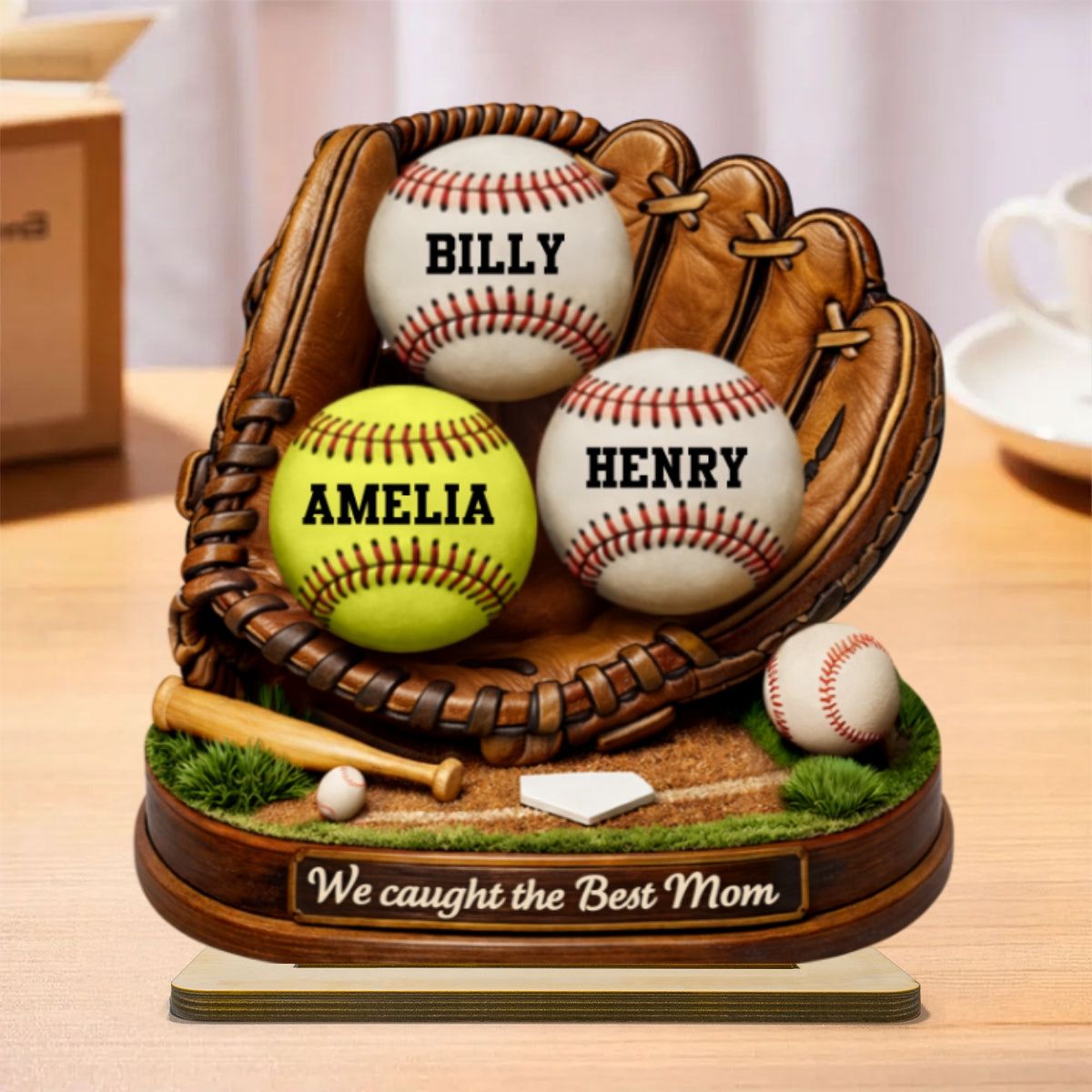 We Caught the Best Mom Dad Grandparents Baseball Softball - Personalized 2-Layered Wooden Plaque - Heartfelt Gift for Her, for Him