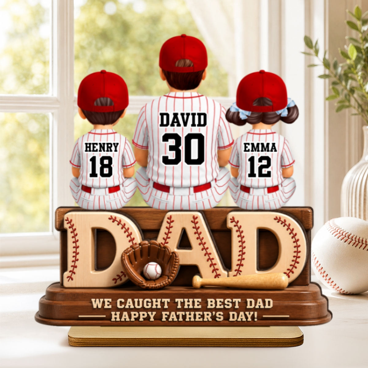 We Caught the Best Baseball Dad, Dad & Kids Back View - Personalized 2-Layered Wooden Plaque -  Gift for Dad, Husband