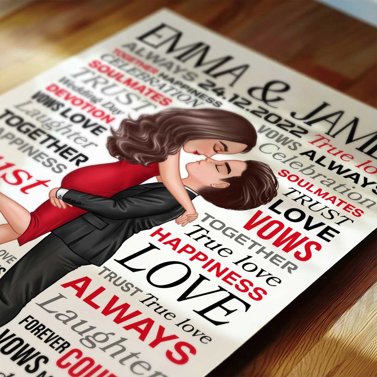 Typography Word Art Couple Hugging Kissing - Personalized Poster - Valentine's Day, Anniversary Gift For Her, Gift For Him