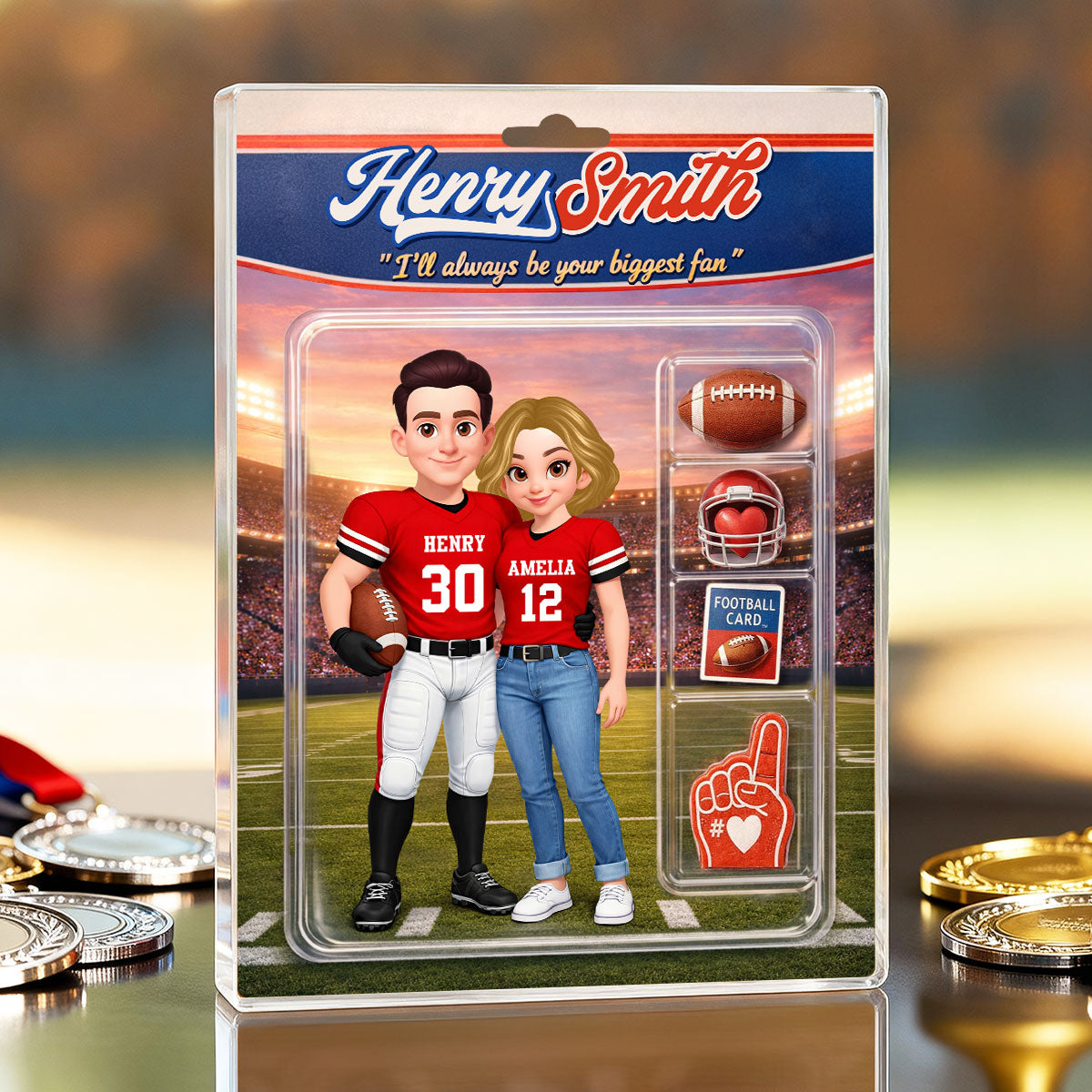 Football Couple I'll Always Be Your Biggest Fan Custom Action Figure - Personalized Acrylic Block Plaque - Sentimental Gift for Him