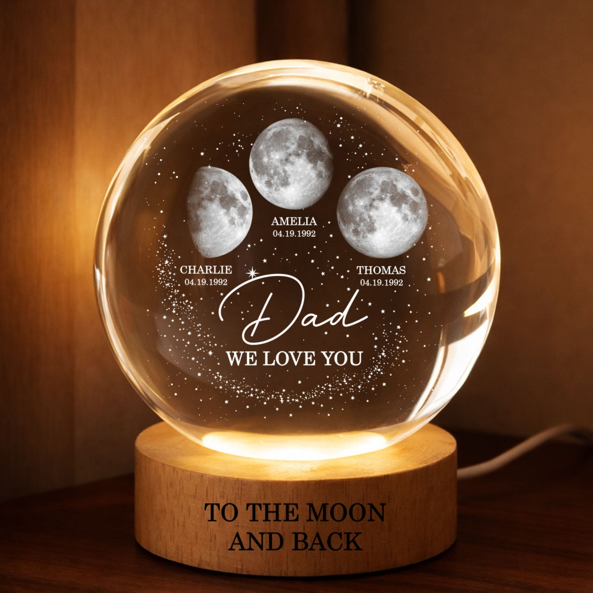 Love to the Moon and Back - Personalized Crystal Ball LED Night Light - Custom Moon Phase by Date,  Gift for Dad, Husband