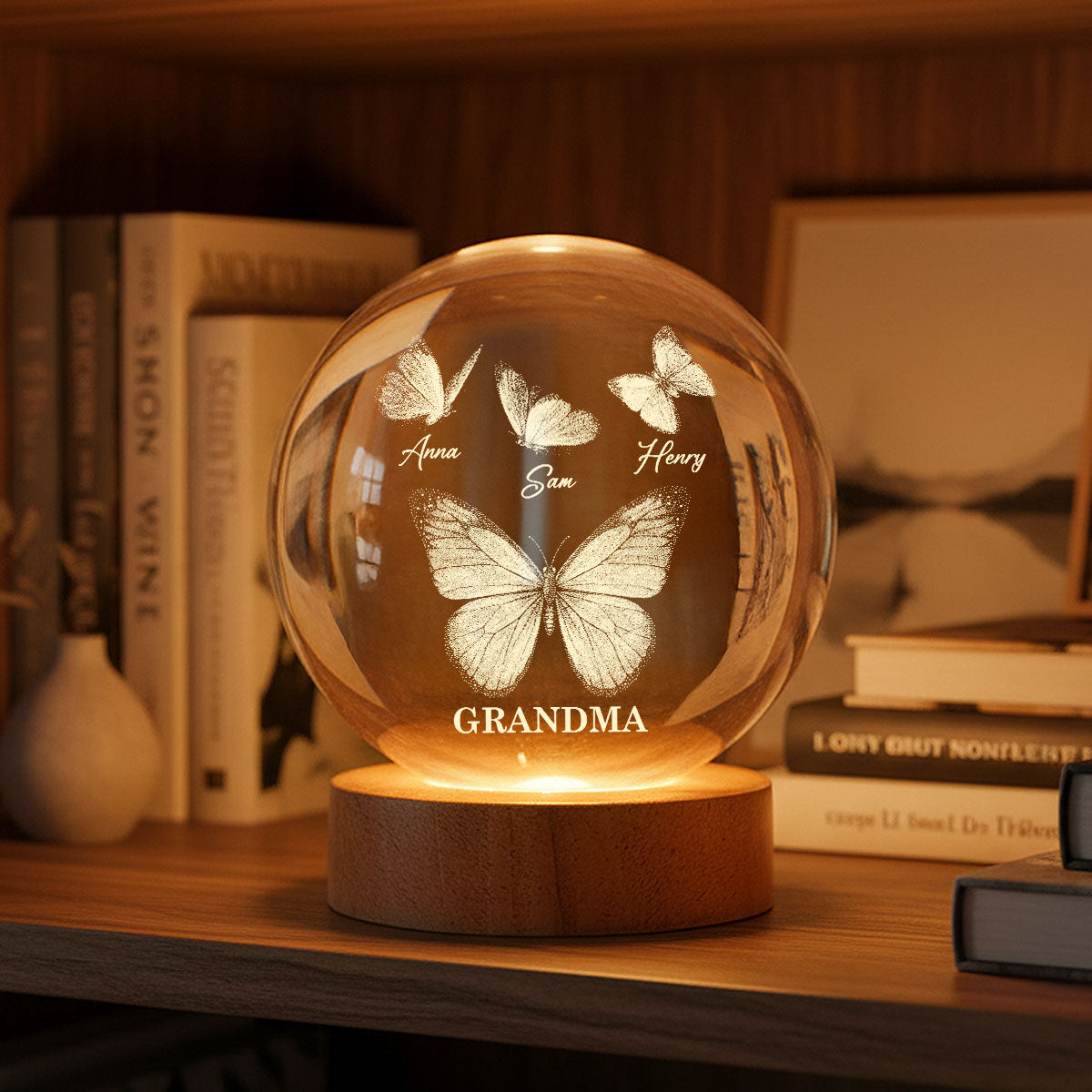 Beautiful Grandma Mom Butterflies Custom Kids Names - Personalized Crystal Ball LED Night Light - Gift For Grandma, Mom