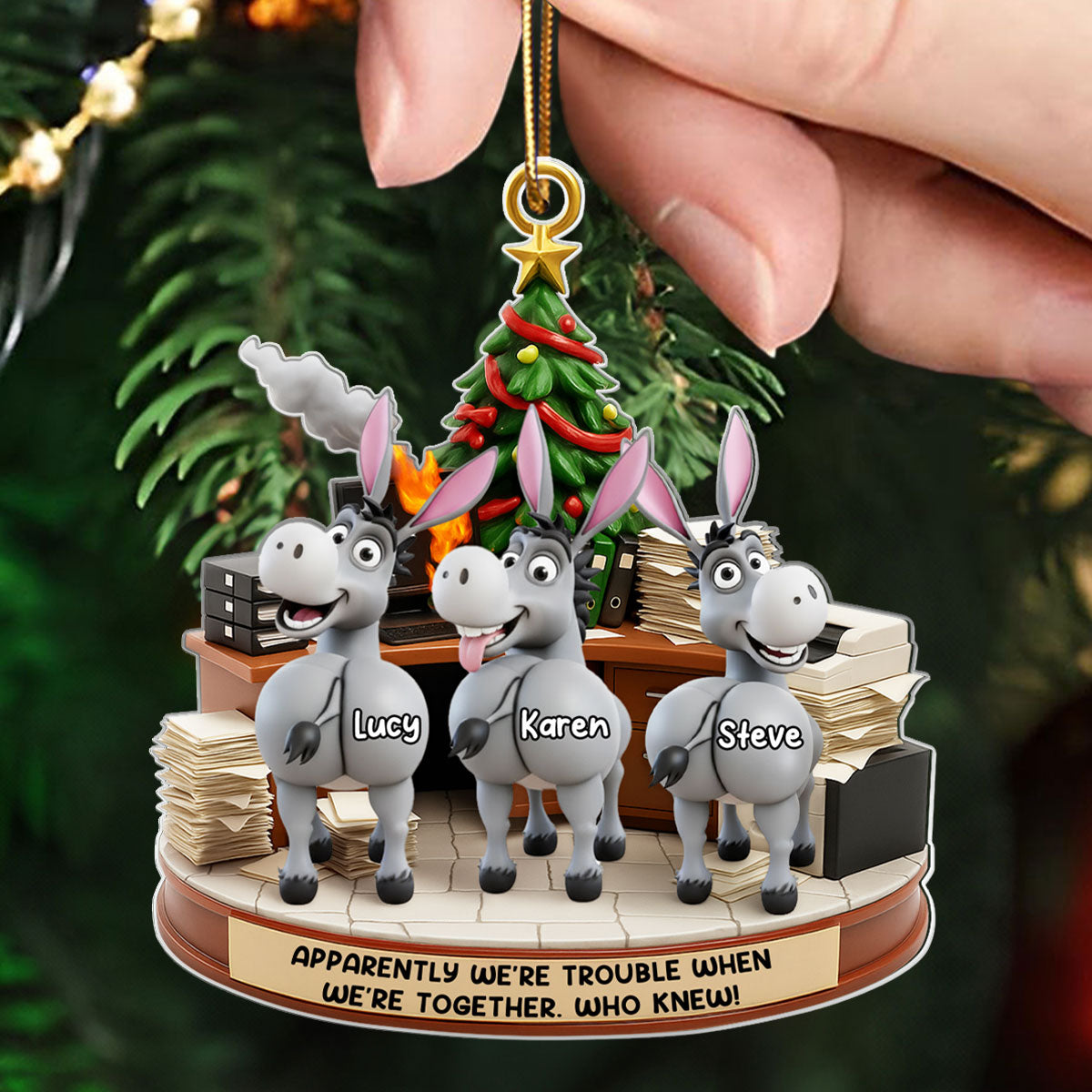 Trouble Together Donkey Coworker Office Decoration - Personalized Acrylic Ornament - Custom Employee Gift Exchange, White Elephant Gift