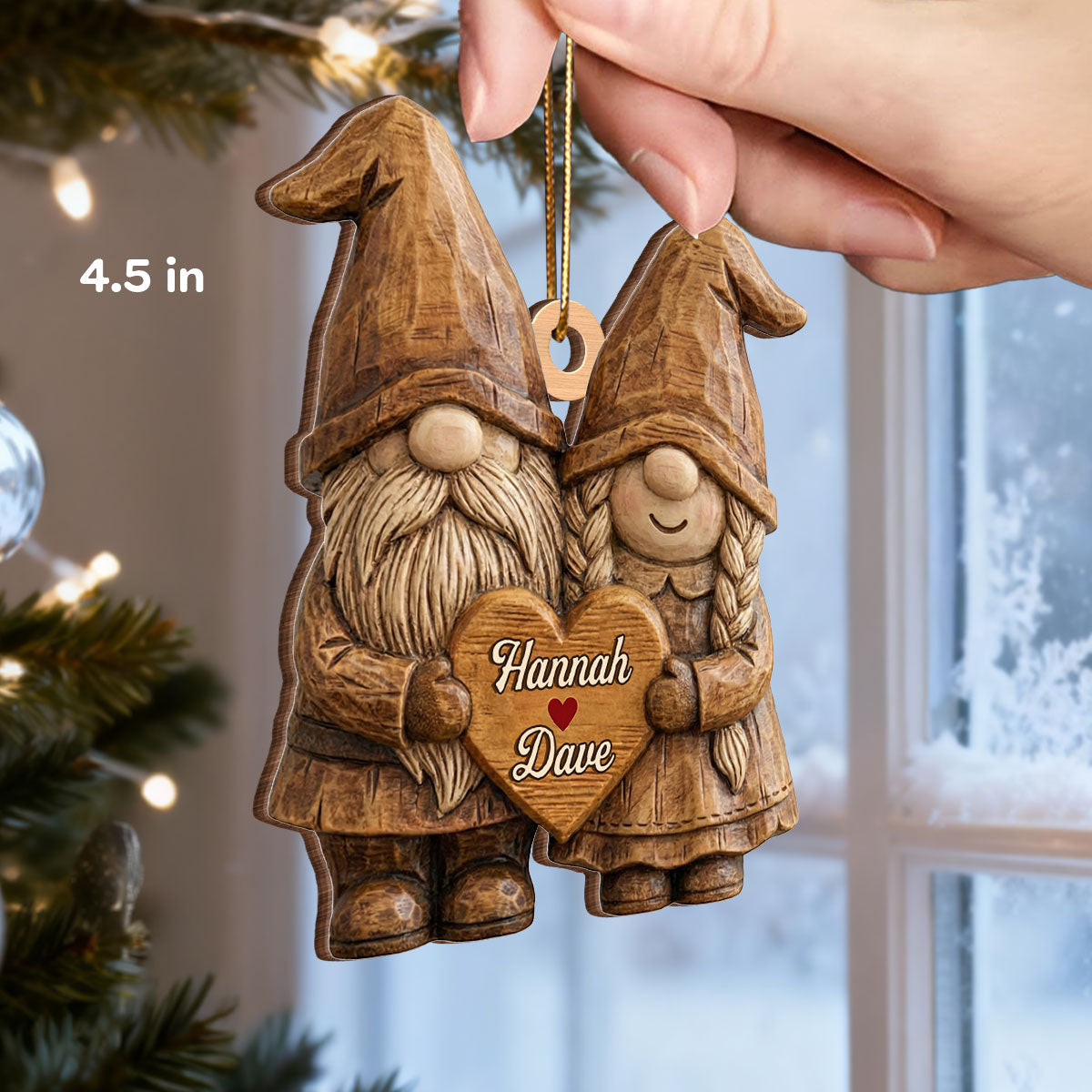 3D Effect Gnome Couple Standing - Personalized Wooden Ornament - Gift For Him, Gift For Her