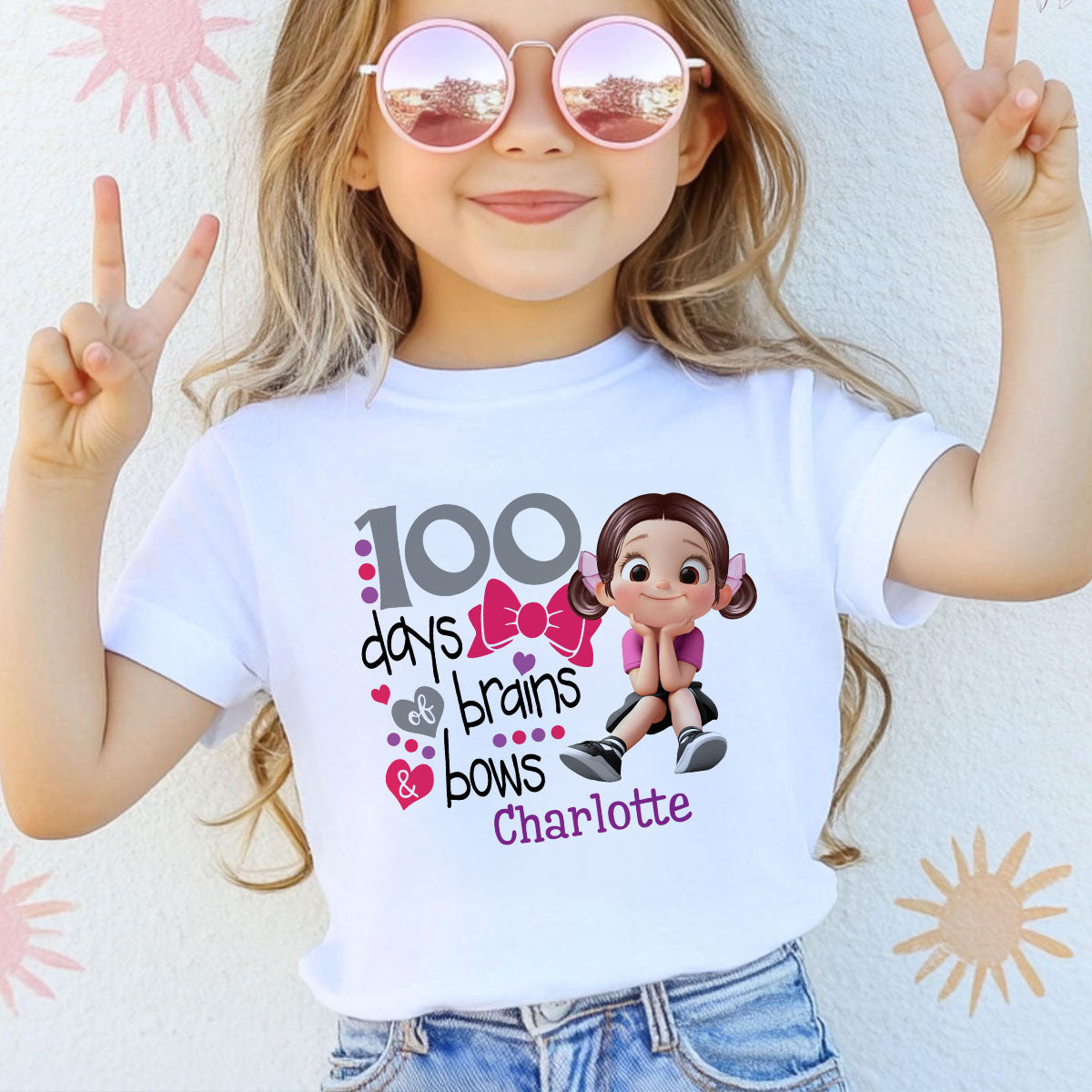 100 Days Brains & Bows Cute Little Girl - Personalized Kid T-Shirt - 100 Days Of School For Daughter, Granddaughter