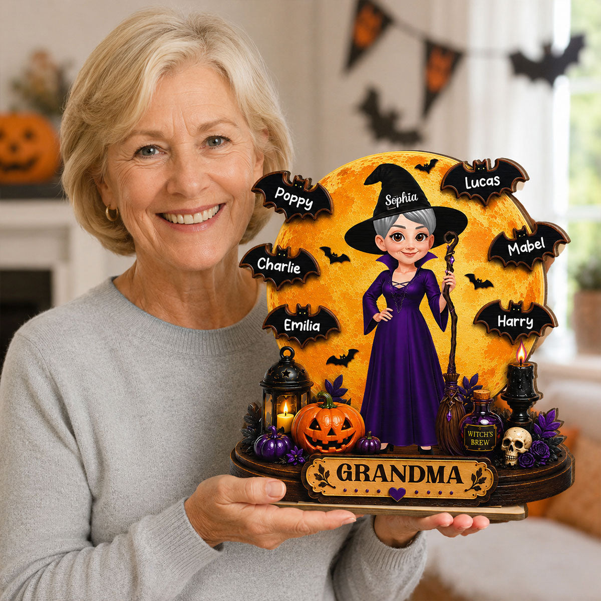 Grandma Witch Under Full Moon 2D Flat - Personalized Wooden Plaque - Halloween Decor For Grandma