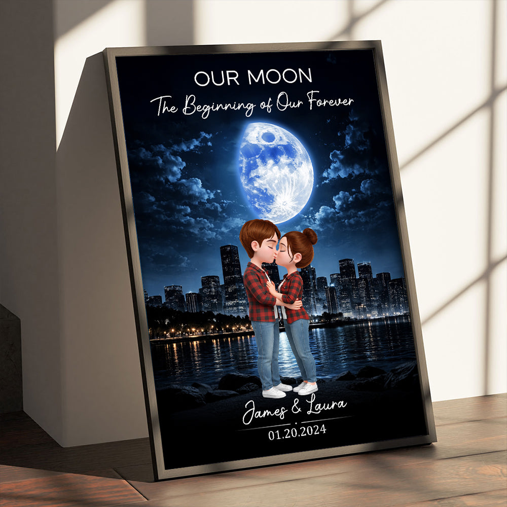 Couple Kissing Under the Moon Light City Skyline, Custom Moon Phase by Date - Personalized Poster - Sentimental Valentine's Day Gift for Her, for Him