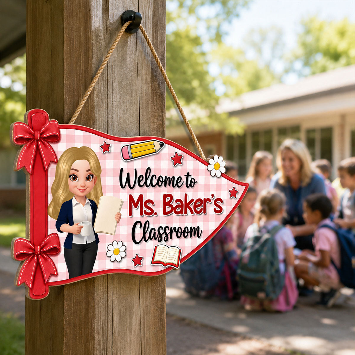 Welcome To Teacher Classroom Pennant Flag Shaped - Personalized Wood Sign