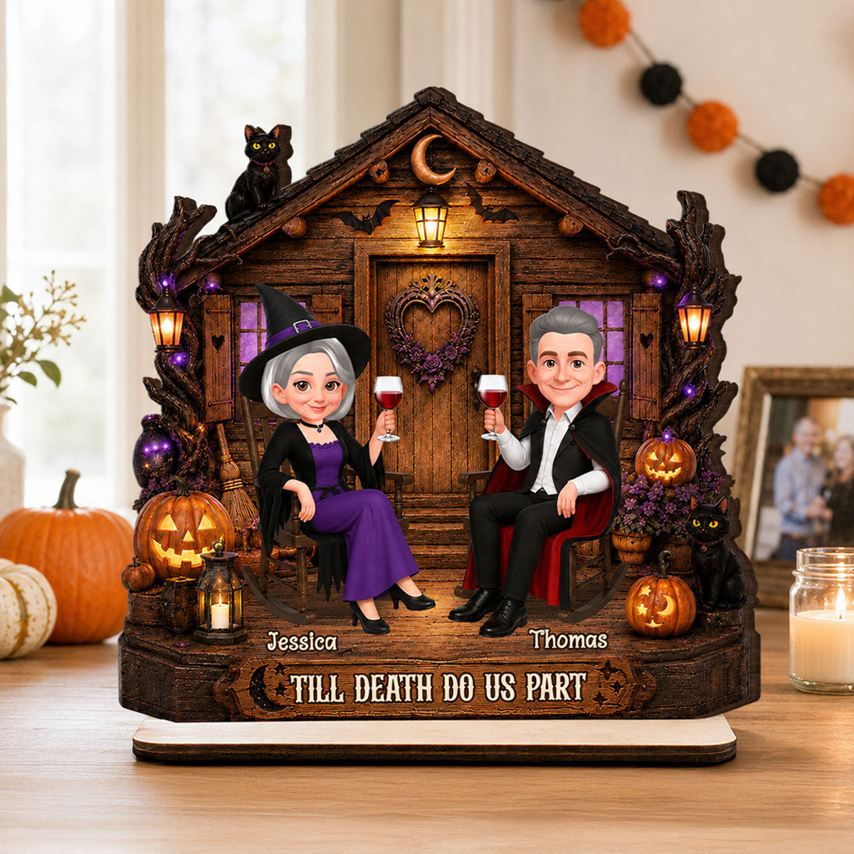 Spooky Halloween Haunted Cabin House Couple - Personalized 2-Layered Wooden Plaque - Halloween Decoration For Couple