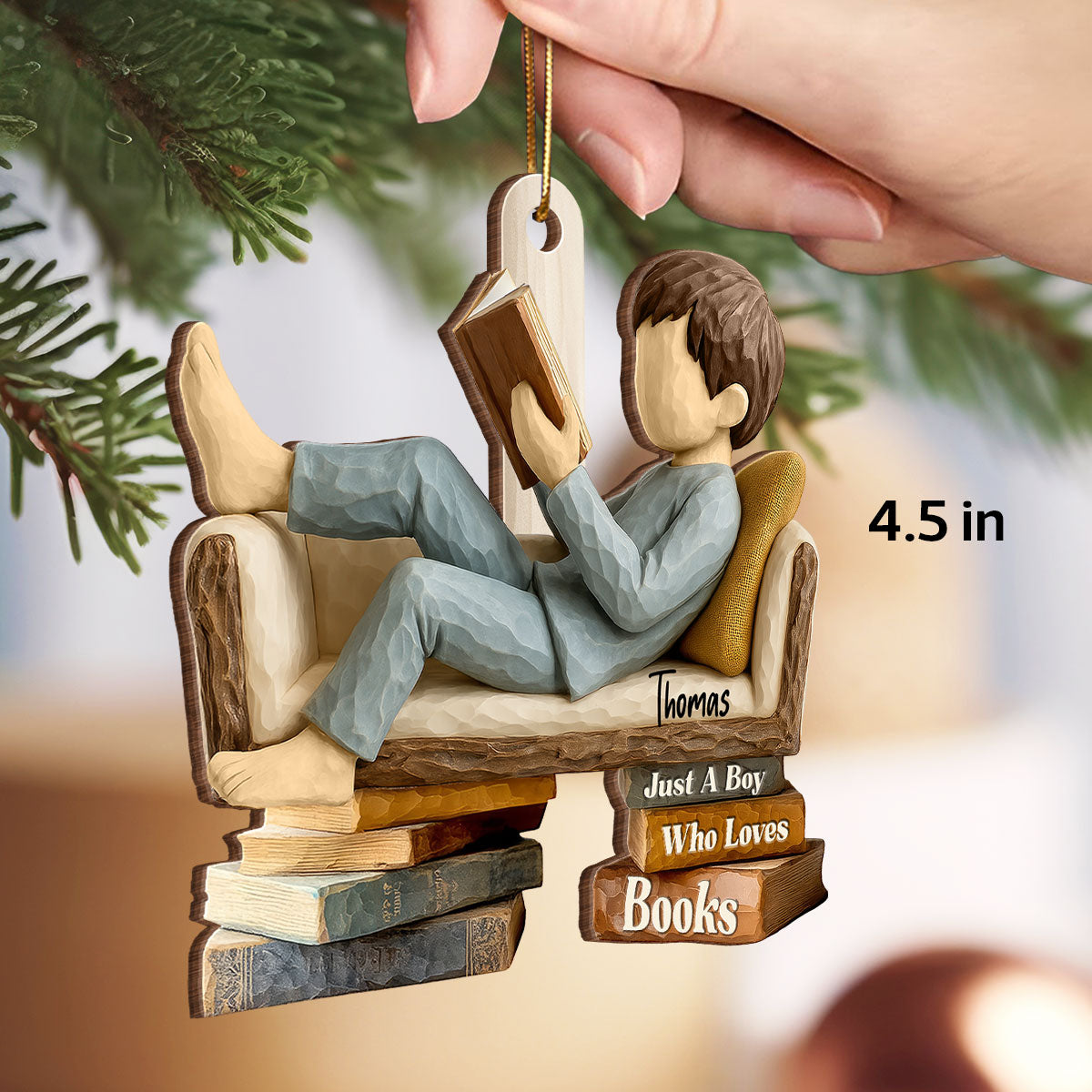 Book Lover Reading Book On Sofa 3D Effect - Personalized Wooden Ornament - Christmas Gift For Book Lover, Bookworm
