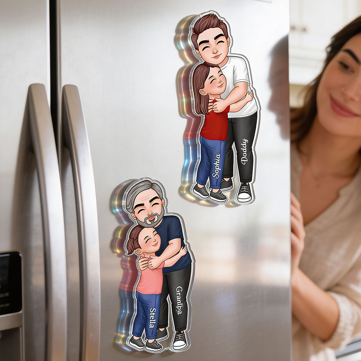 Dad Grandpa Embracing Kid - Personalized Acrylic Fridge Magnet - Heartfelt Father's Day Gift For Dad, Grandpa