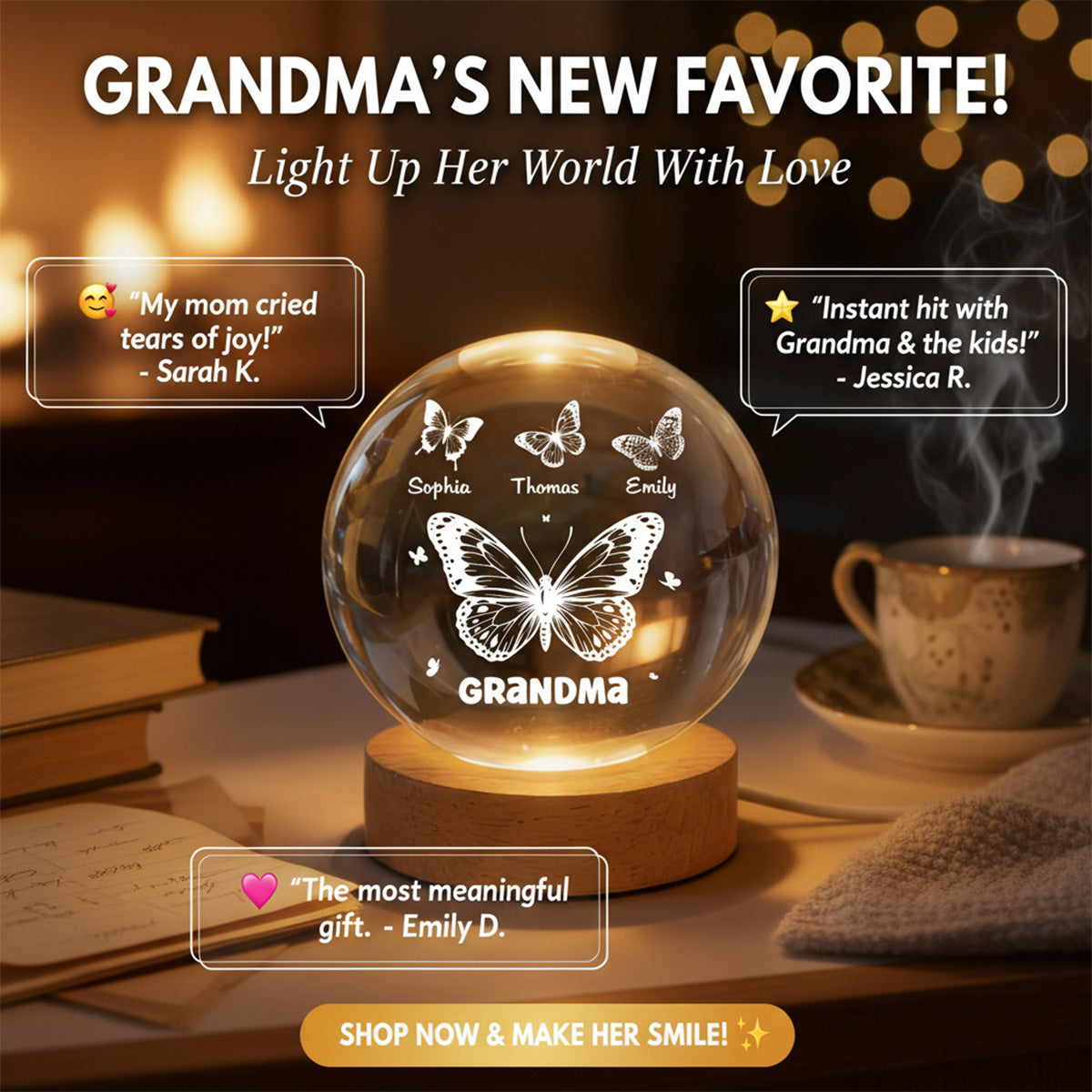 Grandma Mom Butterflies Custom Kids Names - Personalized Crystal Ball LED Night Light - Gift For Grandma, Mom
