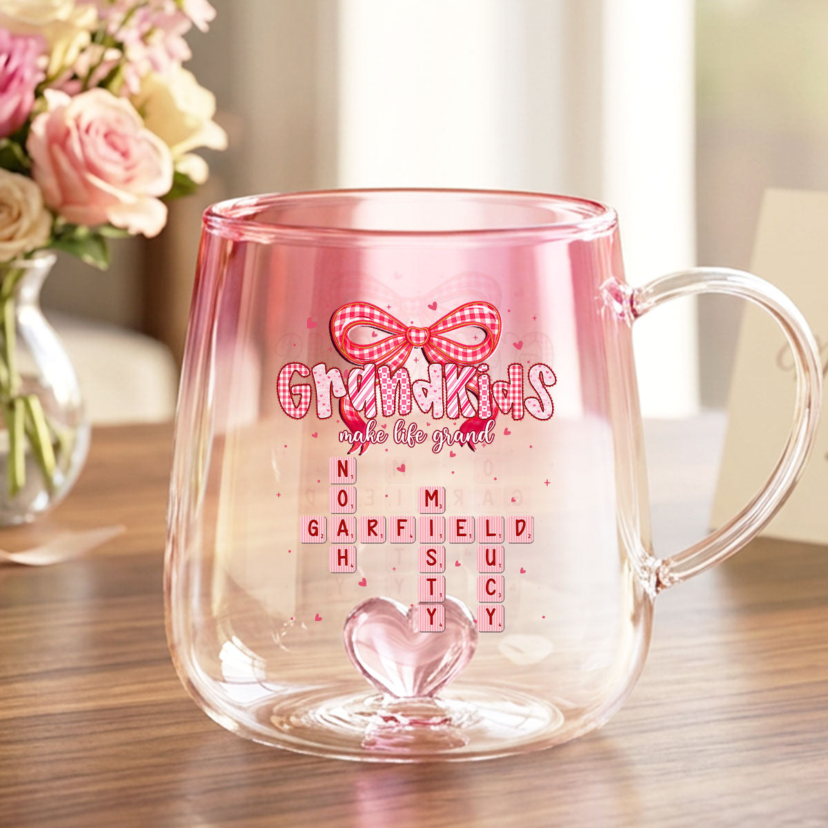 Grandkids Make Life Grand Crossword Puzzle Art - Personalized Glass Mug - Mother's Day Gift for Mom, Grandma