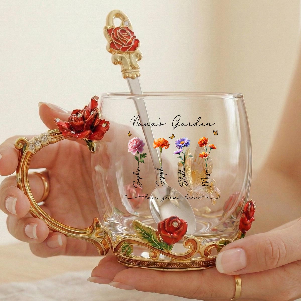 Beautiful Grandma Garden Custom Birth Month Flowers - Personalized Enamel Flower Tea Cup - Gift For Grandma, Mom