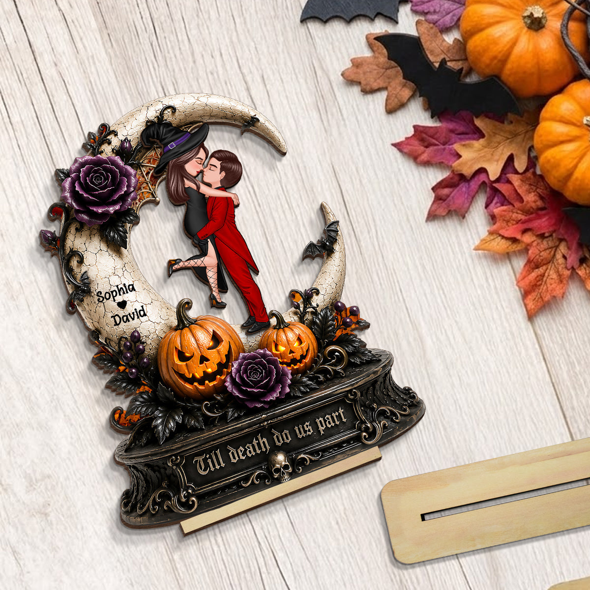 Spooky Couple Moon Halloween - Personalized 2-Layered Wooden Plaque - Halloween Decor Gift, Gift For Couple