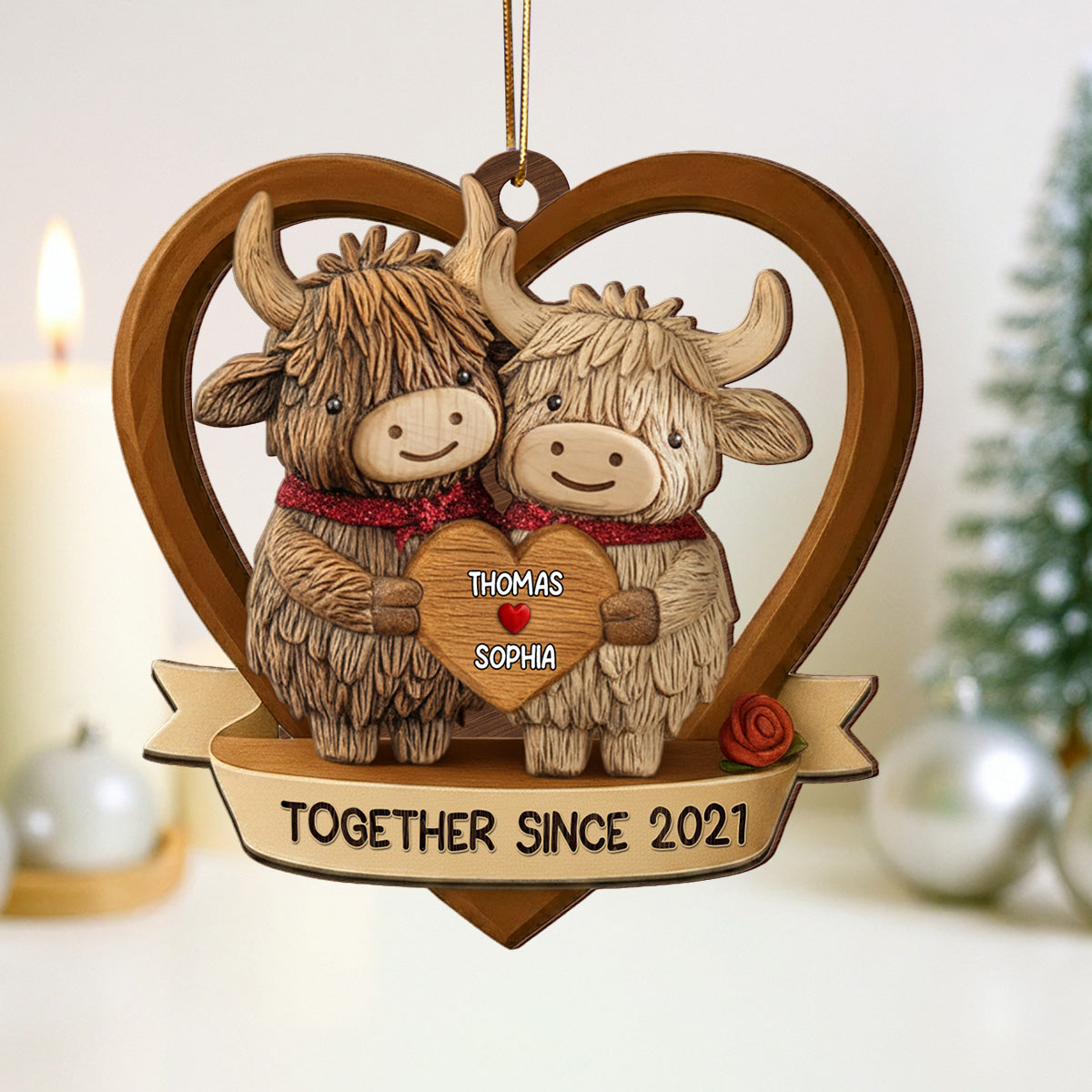 3D Effect Highland Cows Couple - Personalized Wooden Ornament - Gift For Him, Gift For Her