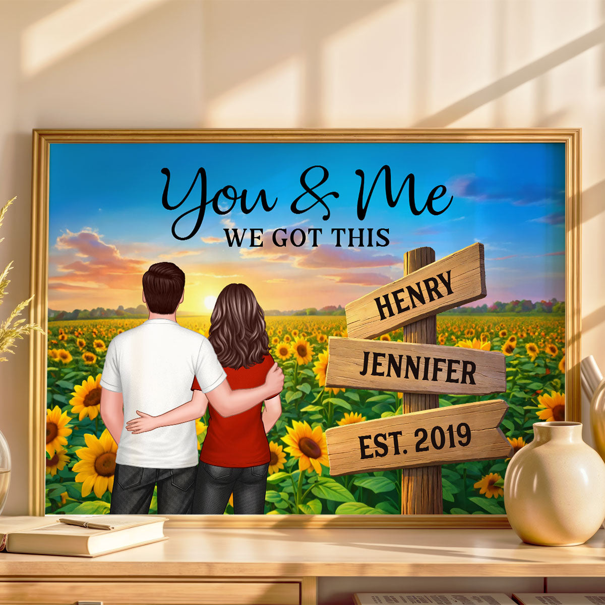 Everlasting Love Back View Couple Sunflower Field Sign Posts - Personalized Poster - Valentine's Day Gift For Couple