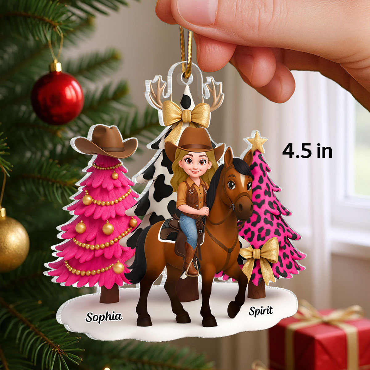 3D Effect Western Pink Christmas Tree Cowgirl And Horse - Personalized Acrylic Ornament
