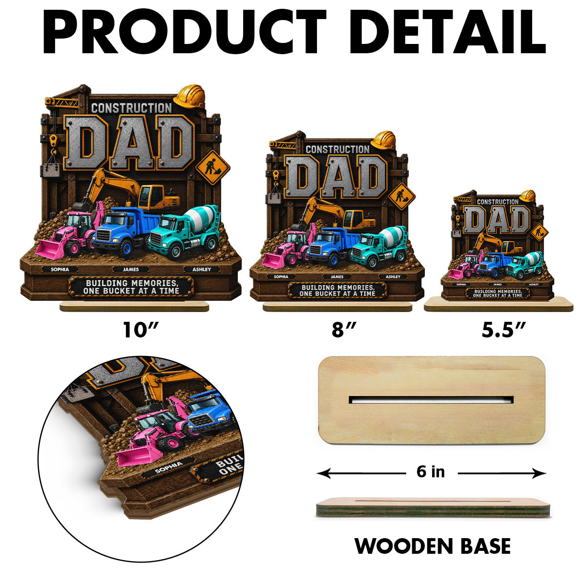 Construction Dad with Kids Names 2D Flat - Personalized Wooden Plaque