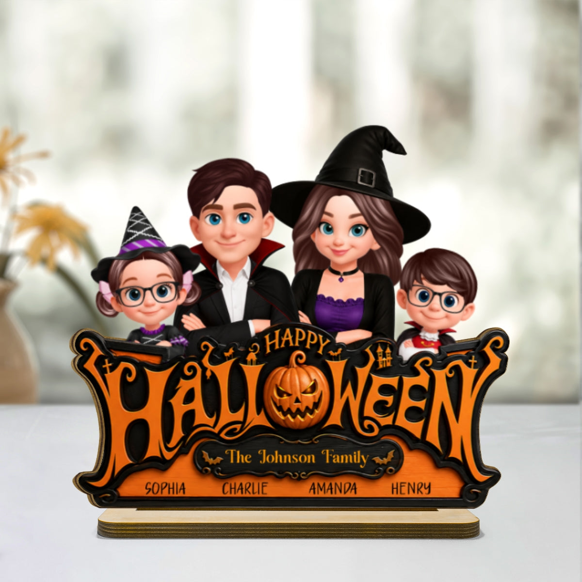 Happy Halloween Jack O Lantern Family - Personalized 2-Layered Wooden Plaque - Trendy Fall Halloween Decor