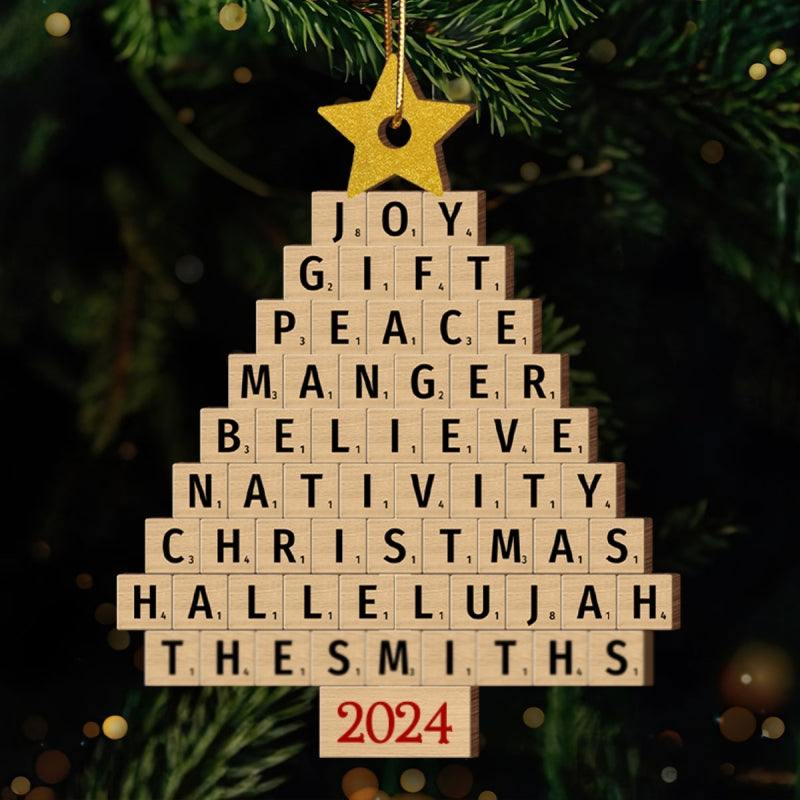 Joy Gift Peace Manger Scrabble Christmas Tree Personalized Wooden Ornament, Custom Family Name, Christmas Gift for Loved Ones