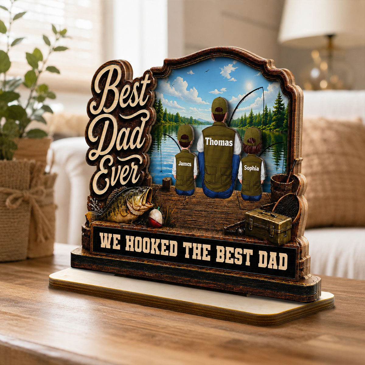 We Hooked The Best Dad Papa Fishing Man & Kids Back View 2D Flat - Personalized 2-Layered Wooden Plaque -  Gift For Hunting Dad, Grandpa