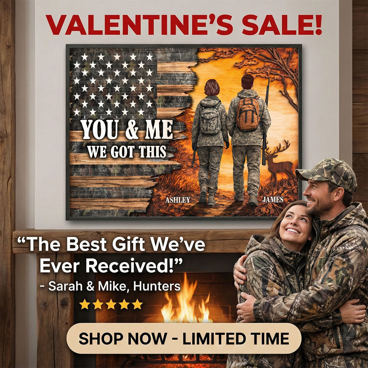 Eternal Love Back View Hunting Couple Half Nation Flag - Personalized Poster - Gift For Hunting Couple, Hunters, Gift For Him, For Her