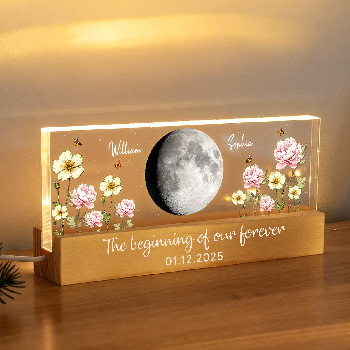 Custom Couple Birth Month Flowers Our Moon Custom Moon Phase Art - Personalized Acrylic Block Plaque LED Night Light - Gift For Couple